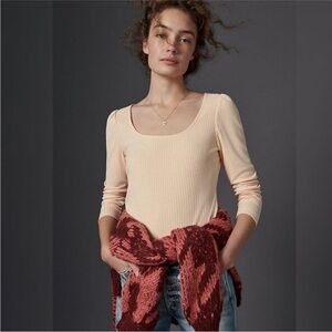 Anthropologie Ribbed Knit Long Sleeve Scoop Neck Top Tee Peach Women's Size S